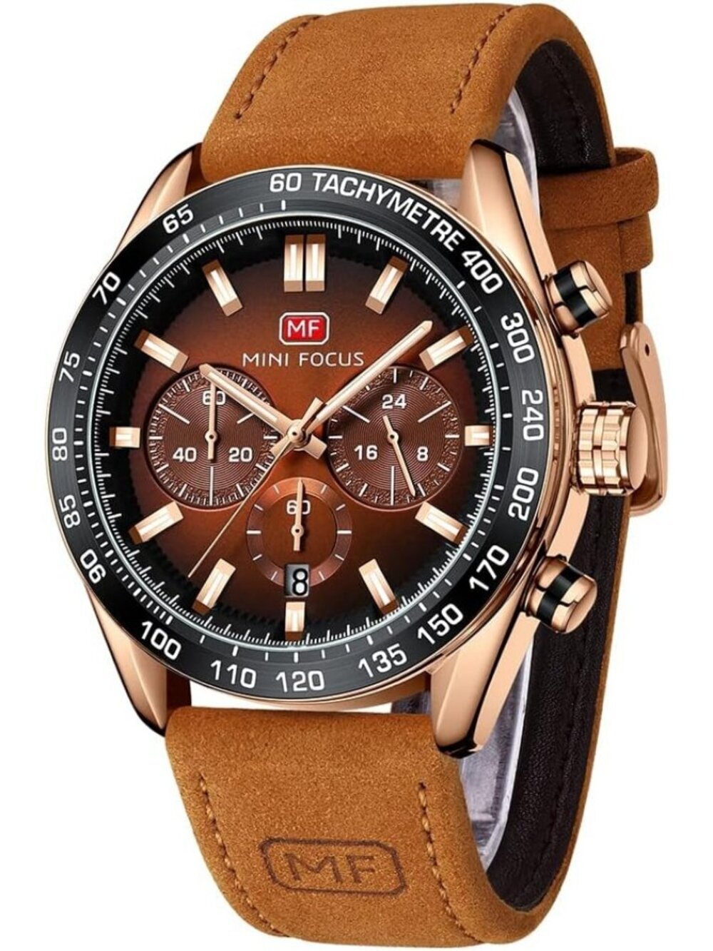 Men's Brown Golden Leather Band Multifunction Waterproof Luminous Wrist Watch